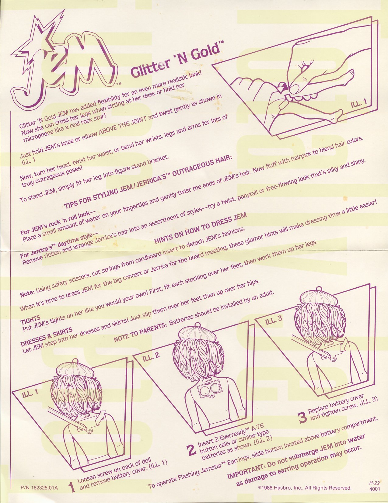 JEM Instructions - Glitter'n Gold Jem/Jerrica 4001 1987 