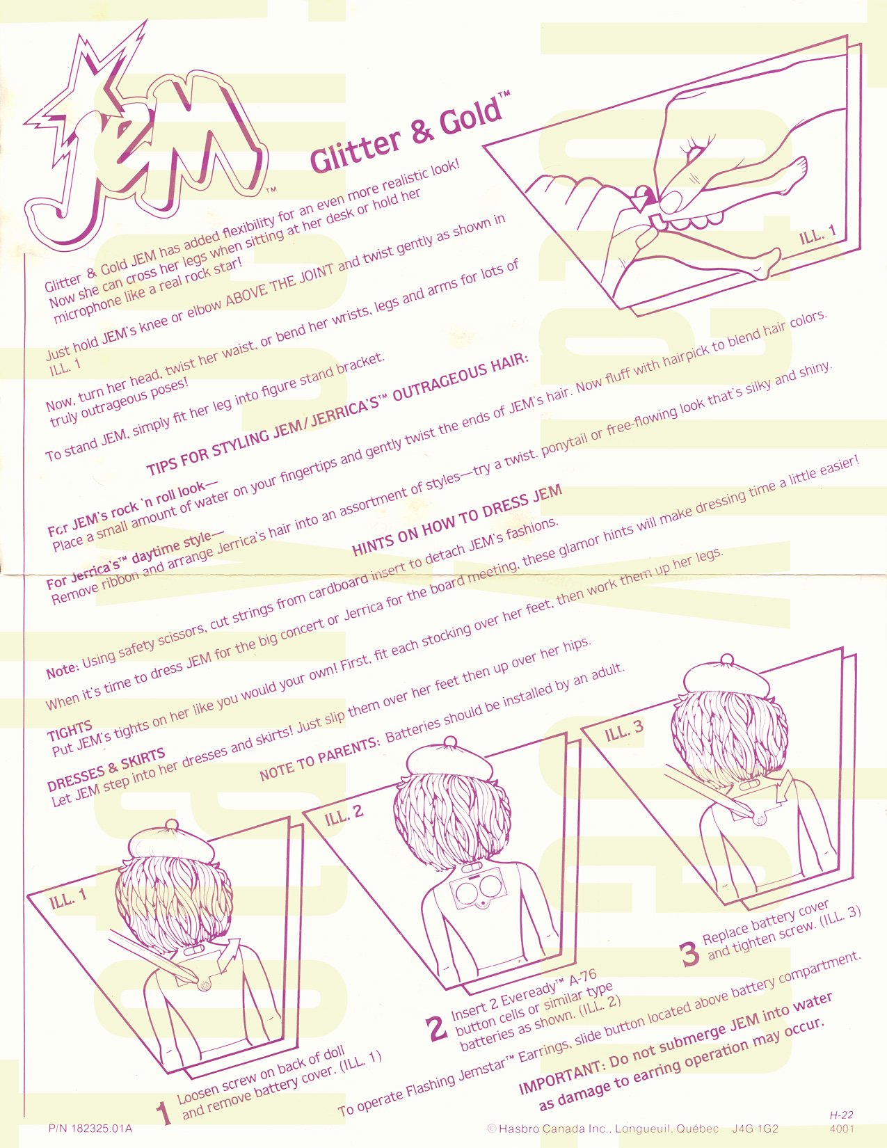 JEM Instructions - Glitter'n Gold Jem/Jerrica 4001 1987 