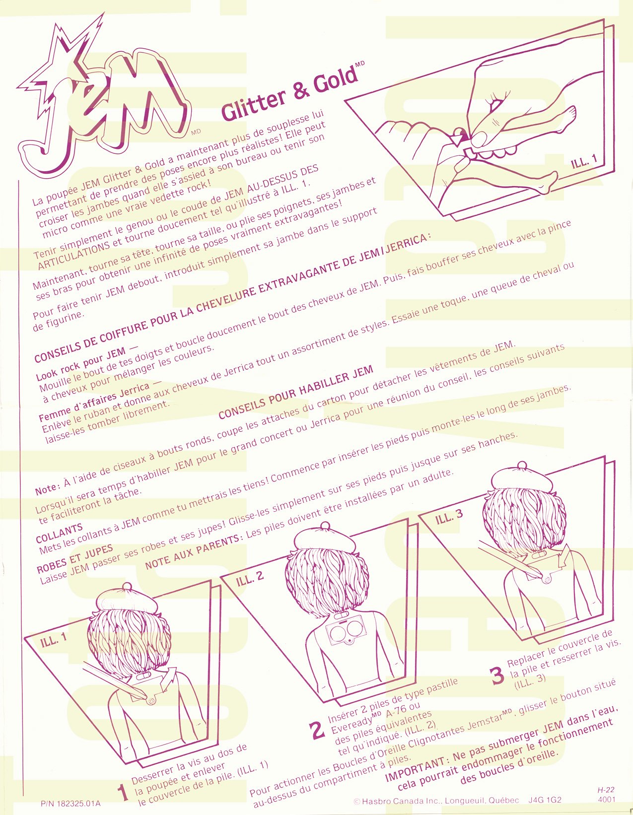 JEM Instructions - Glitter'n Gold Jem/Jerrica 4001 1987 