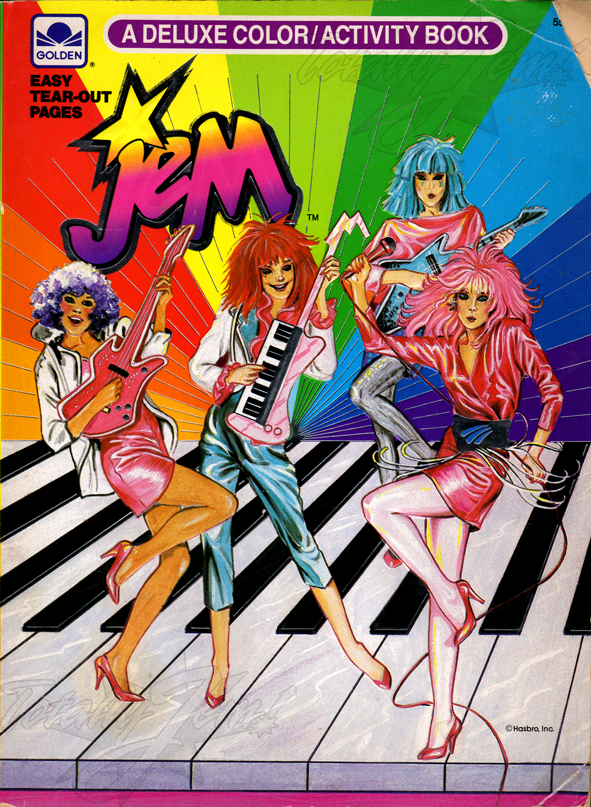 Jem: A Color/Activity Book: Stories, Fashions, Calendar & More
(Where's Jem?, Fashion Face-Off, Poster, Pop-Up Greeting Card, Jem/Jerrica Fashion Flip Book)
8/8/1986 
A Golden Book/Western Pub. Co. 
5500