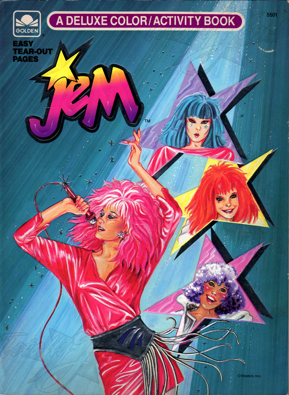 Jem: A Deluxe Color/Activity Book 
(Dreams Materialize, Stars of Starlight House, Jem's Rock 'n Roll Parade, A Puzzling Predicament, Stormer Almost Finds Synergy, A Holograms Poster vs. a Misfits Poster) 
8/8/1986 
A Golden Book/Western Pub. Co. 
5501