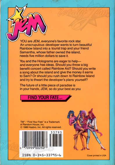 Find Your Fate: Jem #3 - The Secret Of Rainbow Island (by Judith Bauer Stamper)
1986
Random House
33795